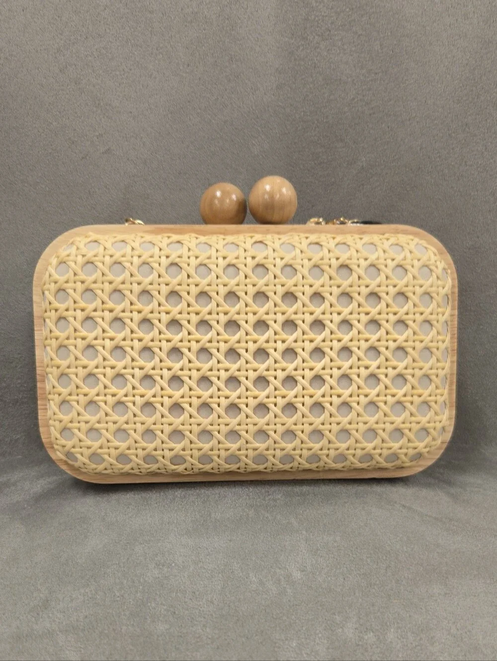 Tommy Bahama Beige Woven Rattan Clutch with Wooden Bead Closure
